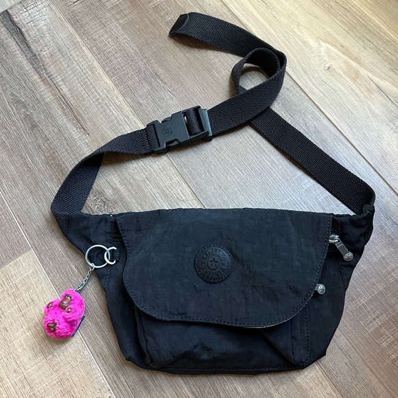 Kipling Fanny Pack Hip Waist Bag Black Nylon Belt With Pink Monkey Charm - Picture 1 of 9